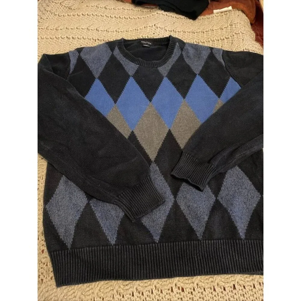 Nautica Mens Argyle Sweater L Black Blue Gray 100% Cotton Classic Knit Long Slee